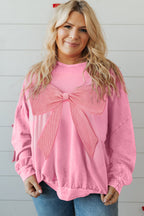 Bonbon Waffle Bowknot Patchwork Mineral Wash Plus Size Top