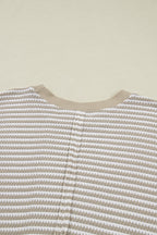 Brown Plus Size Stripe Ribbed Trim Drop Shoulder Long Sleeve Oversized Top