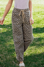 Khaki Leopard Print Drawstring Elastic Waist Loose Denim Pants with Pockets