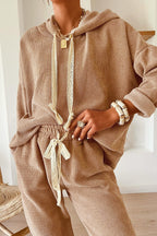 Smoke Gray Drawstring Pullover Hoodie and High Waist Pants Corduroy Suit