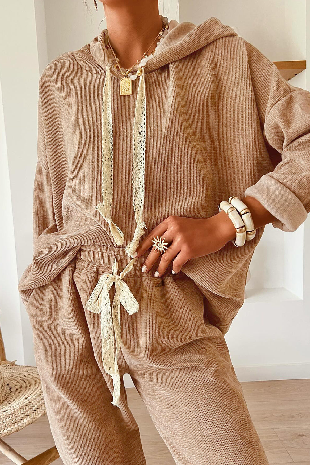 Smoke Gray Drawstring Pullover Hoodie and High Waist Pants Corduroy Suit