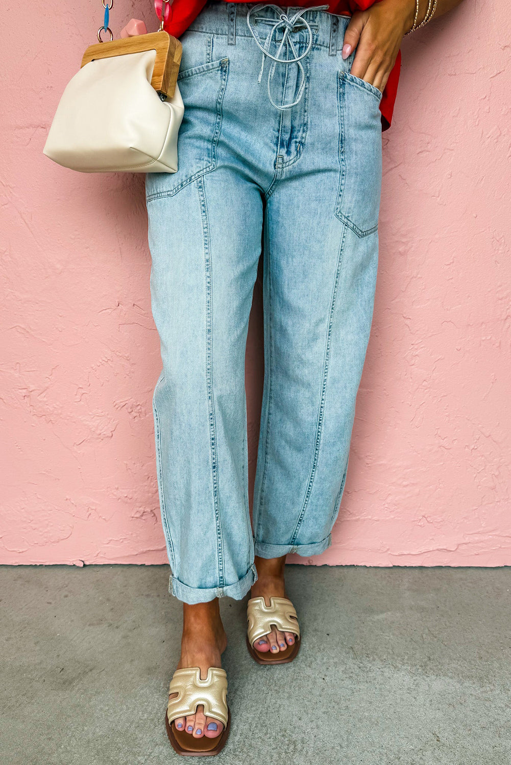 Myosotis Exposed Stitch Detail Drawstring Barrel Jeans