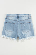 Light Blue Distressed Ripped Raw Hem High Waist Denim Shorts