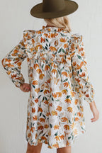 Yellow Floral Print Tie Neck Frilled Detail Long Sleeve Mini Dress