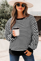 Orange Stripe Exposed Seam Drop Shoulder Casual Pullover Top
