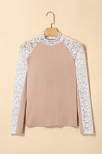 Smoke Gray Floral Lace Patchwork Long Sleeve High Neck Slim Top
