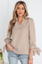 Straw Yellow Striped Print Tied Cuffs Split Neck Seersucker Blouse
