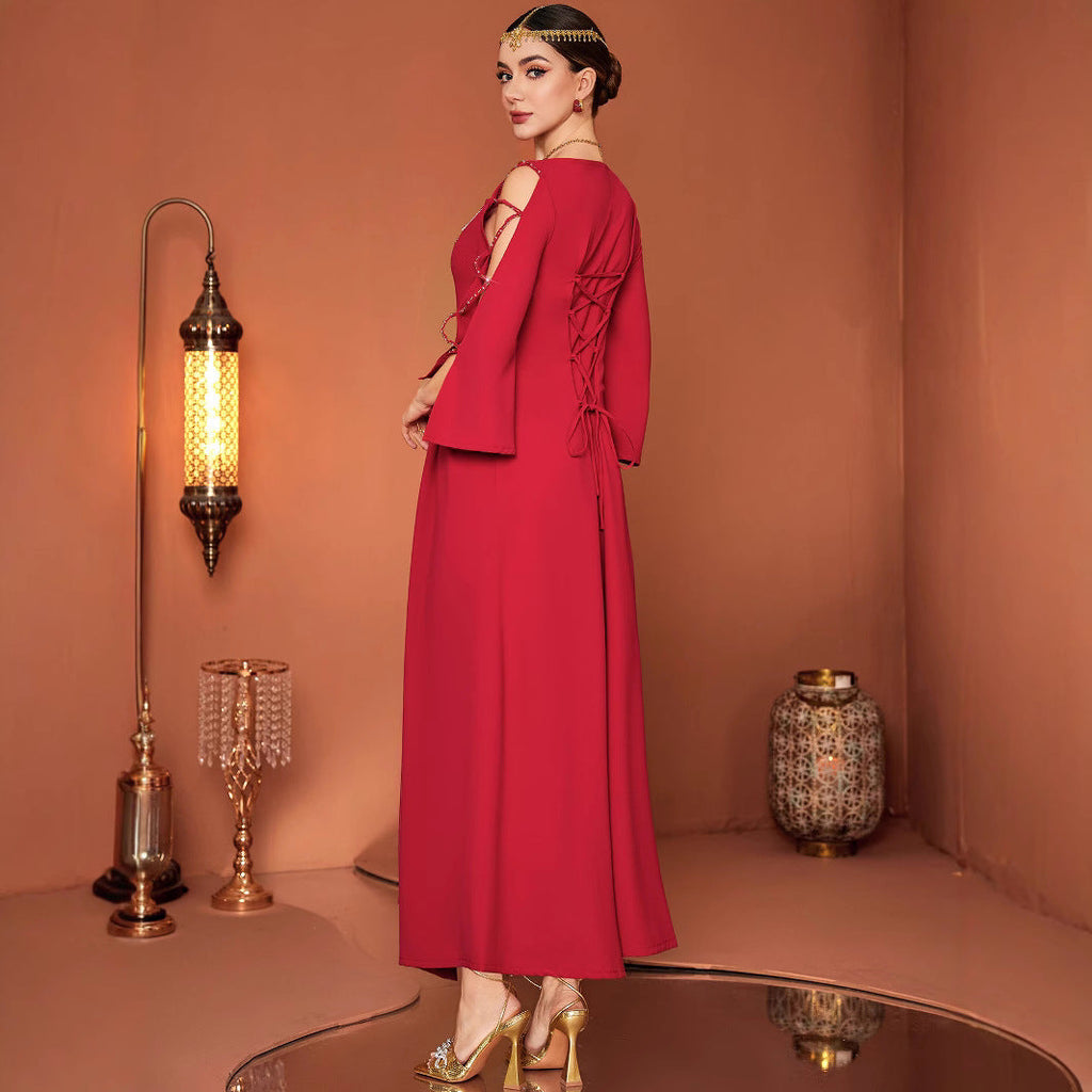 Red Designer Model Heavy Industry Hand Sewing Drill Off-the-shoulder Dress