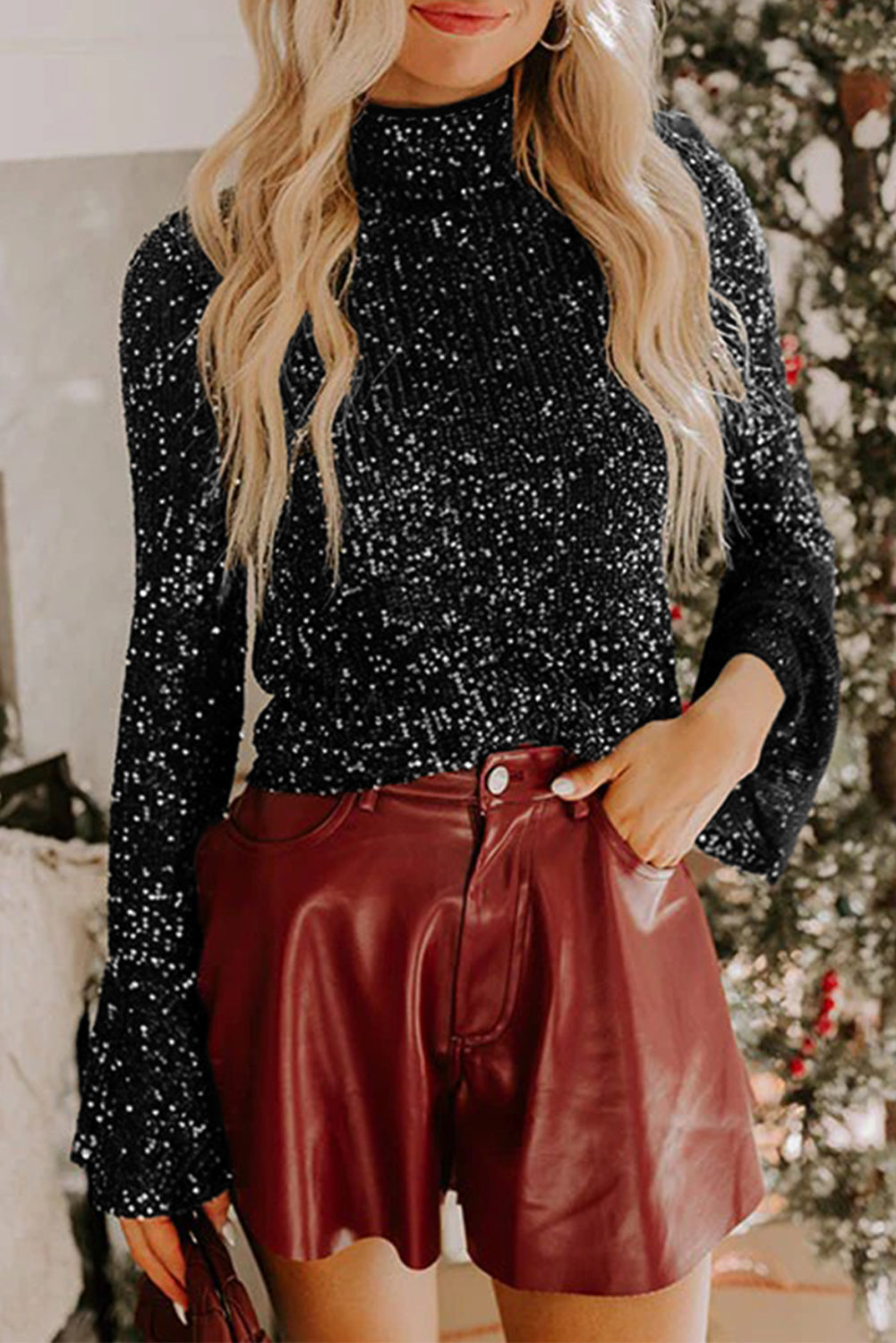 Black Sequin Mock Neck Drape Open Back Bell Sleeve Top