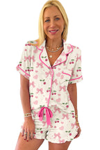 Pink Polka Dot and Bow Print Ruffle Hem Shorts Pajama Set