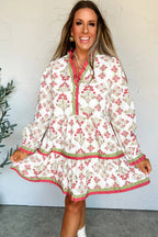 Pink Floral Print Contrast Trim Frilled Neck Long Sleeve Flared Dress