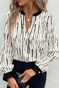 White Abstract Print V-neck Long-sleeve Blouse