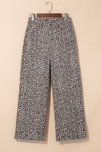 Gray Leopard Frayed Edge Wide Leg High Waist Jeans