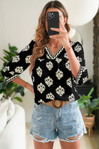 Green Damask Floral Print Contrast V Neck 3/4 Sleeve Blouse