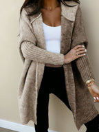 Women’s Color Block Hooded Knitted Cardigan – Plus Size Mid-Length Sweater Coat