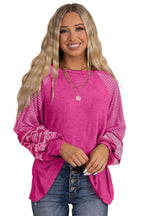 Tillandsia Purple Contrast Print Striped Raglan Long Sleeve Loose Top