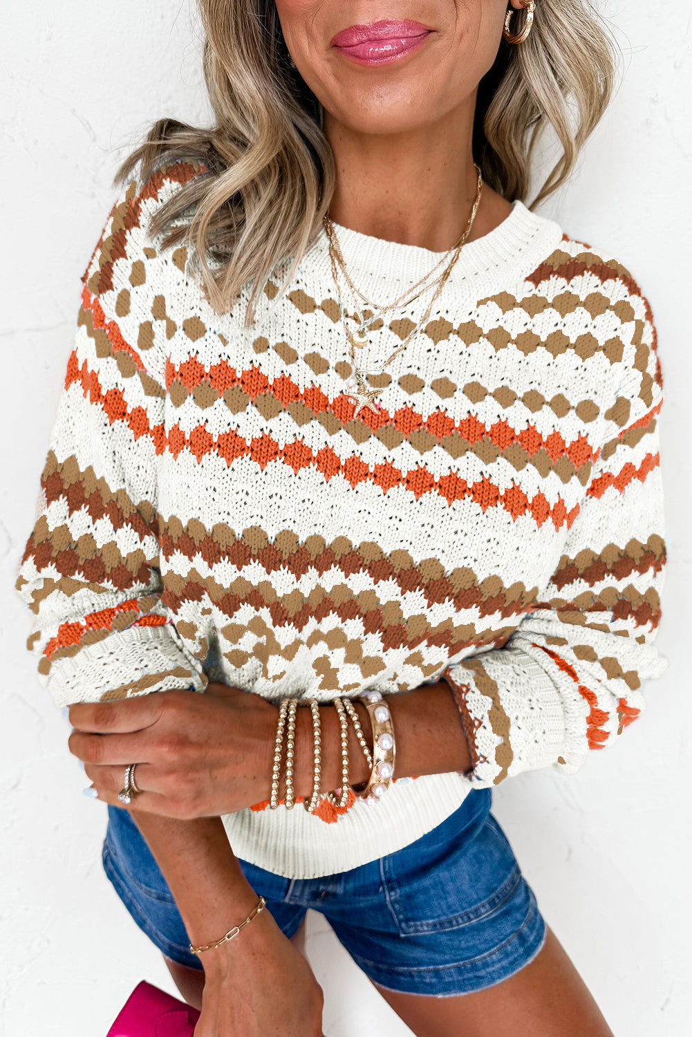 Khaki Striped Eyelet Pattern Drop Shoulder Sweater
