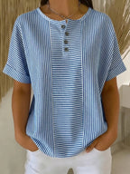 Women's Cotton Linen Striped T-Shirt – V-Neck, Button Detail, Loose Fit
