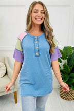 Bright Pink Twisted Ribbed Color Block Patchwork Henley Short Sleeve T Shirt