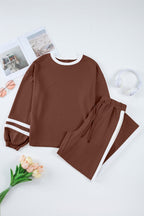 Mineral Red Varsity Stripe Patchwork Puff Sleeve Pullover Drawstring Wide Leg Pant Set