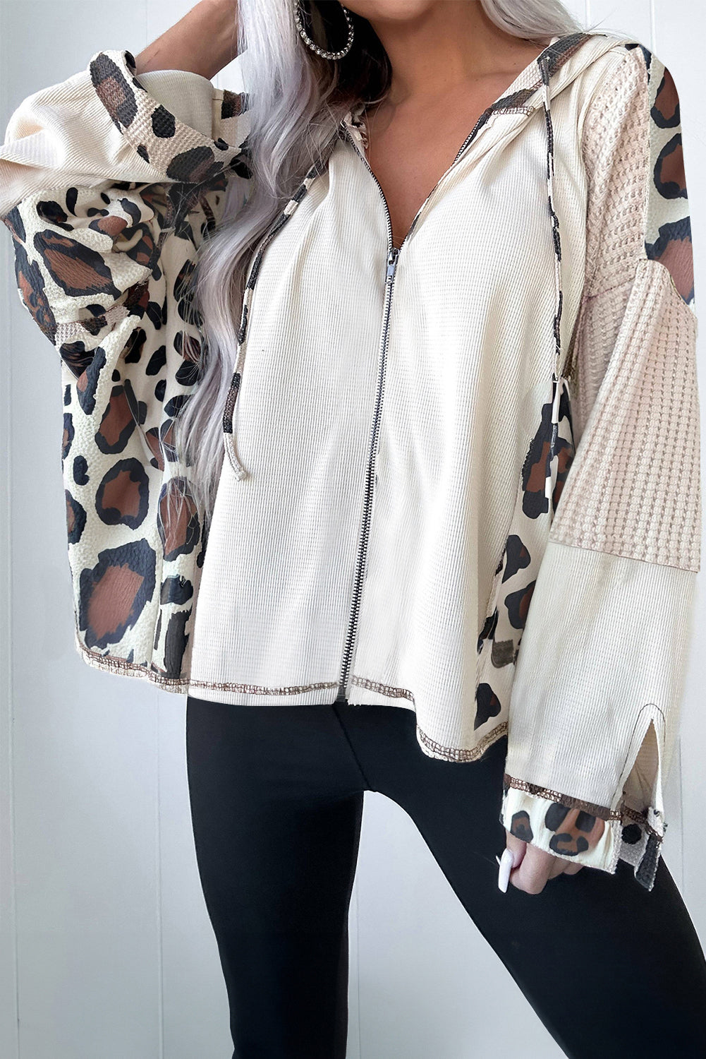 Apricot Leopard Mixed Texture Patchwork Zip Up Drop Shoulder Hoodie
