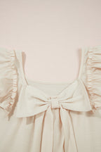 Beige Textured Bow Knot Frilled Butterfly Sleeve Blouse