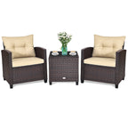 3 Pcs Patio Rattan Furniture Set Cushioned Conversation Set Coffee Table-Beige
