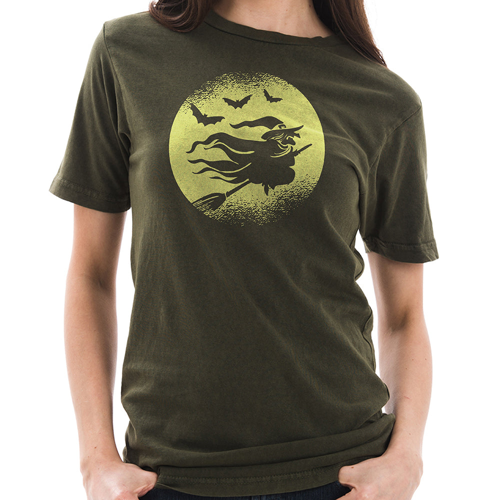Flying Witch Graphic Design Unisex Ring Spun Cotton Vintage Short Sleeve Crewneck Tee Shirt