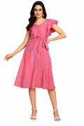 Pink Striped Fit & Flare Dress with Waist Tie-Up  (Size-S)