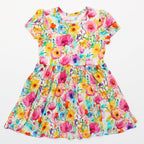 Golden Blooms - Girls Short Sleeve Bamboo Twirl Dress