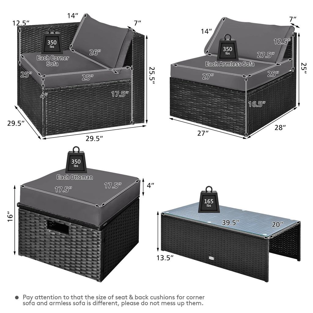8 Pieces Patio Rattan Storage Table Furniture Set-Gray