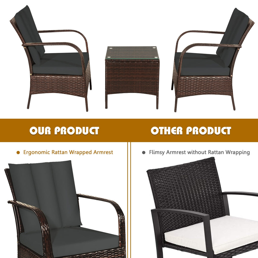 3 Pcs Patio Conversation Rattan Furniture Set with Glass Top Coffee Table and Cushions
