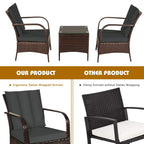 3 Pcs Patio Conversation Rattan Furniture Set with Glass Top Coffee Table and Cushions