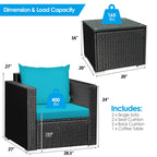 3 Pieces Patio Wicker Conversation Set with Cushion