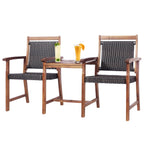 2-Seat Patio Rattan Acacia Wood Chair with Coffee Table