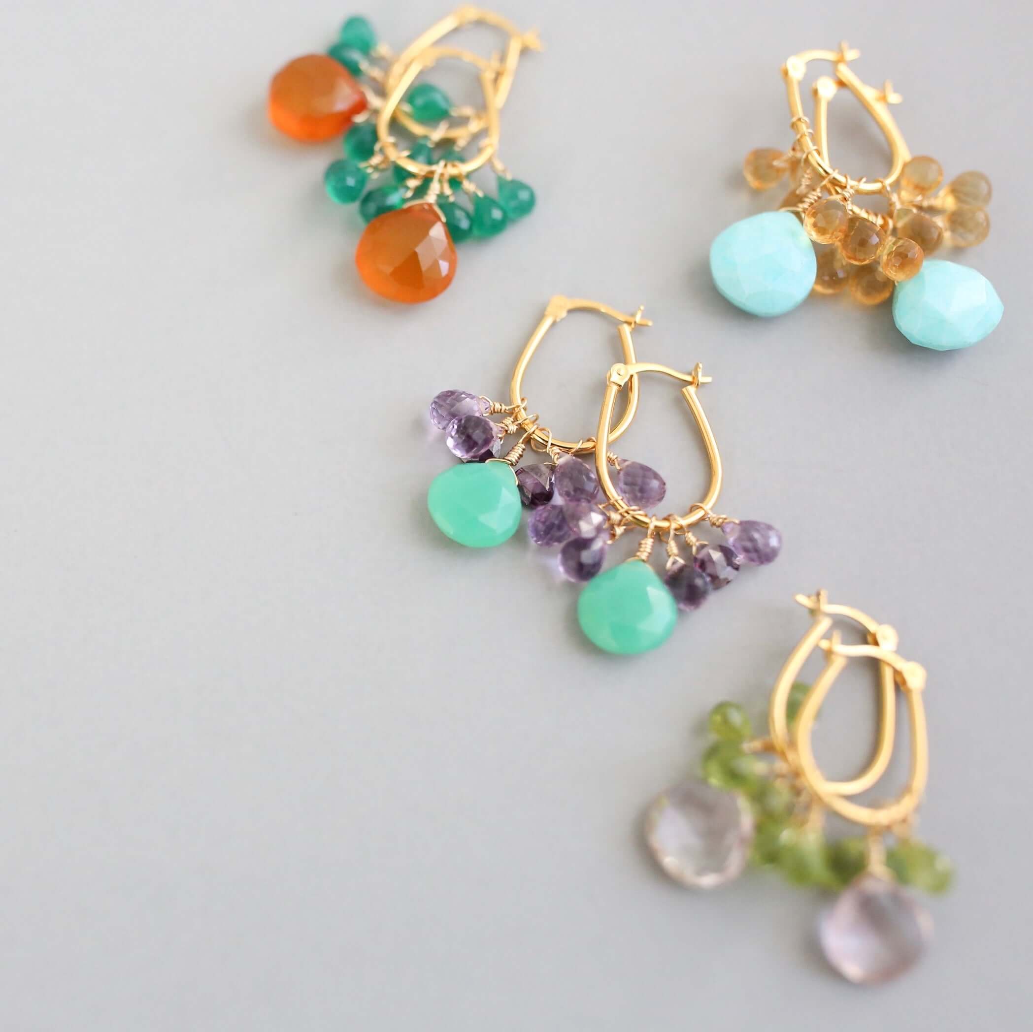 Dark Orange Chalcedony & Green Onyx Gold Earrings