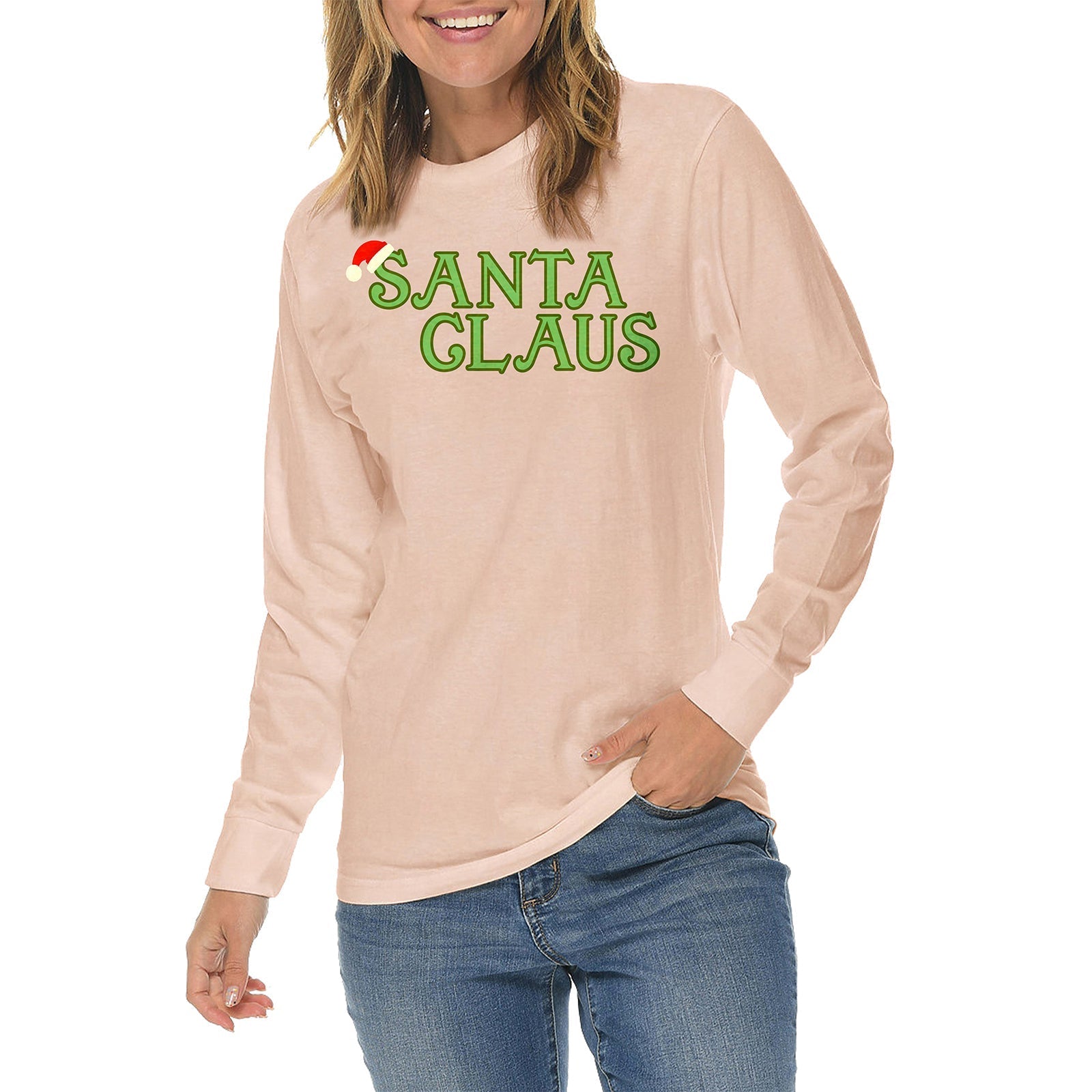 Santa With Hat Graphic Long Sleeve Crewneck Tee