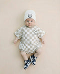 Short Sleeve Bubble Romper | Checkered Smiley Latte