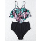 Leaf Print Hanky Hem High Waisted Bikini Swimsuit