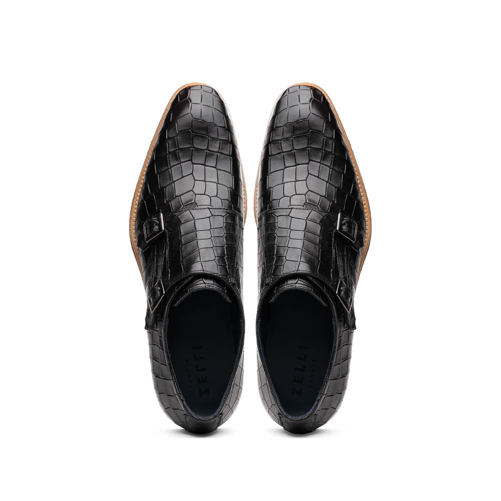 55-112-BLK LEGERRA Hand Burnished Crocodile Print Monkstrap Black