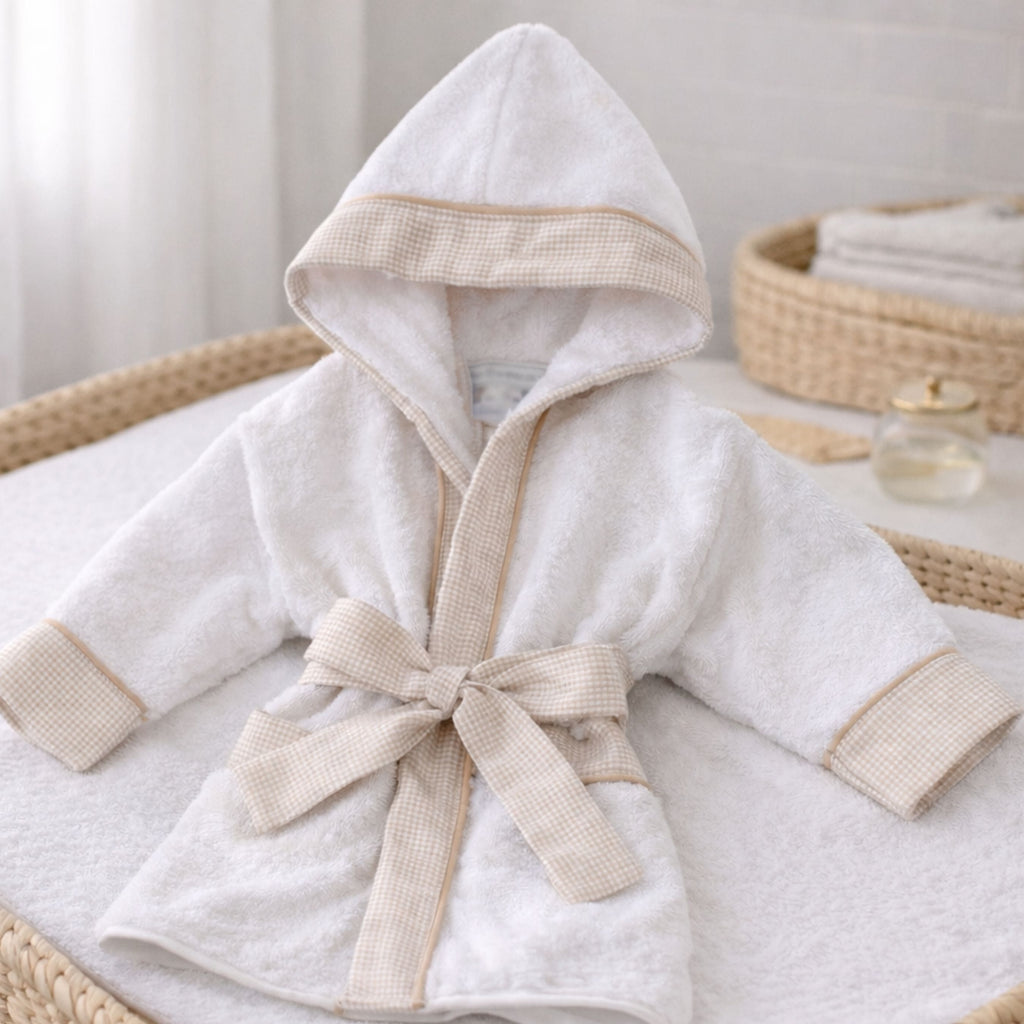 LUCAS | Boys White & Beige Gingham Personalised Bathrobe