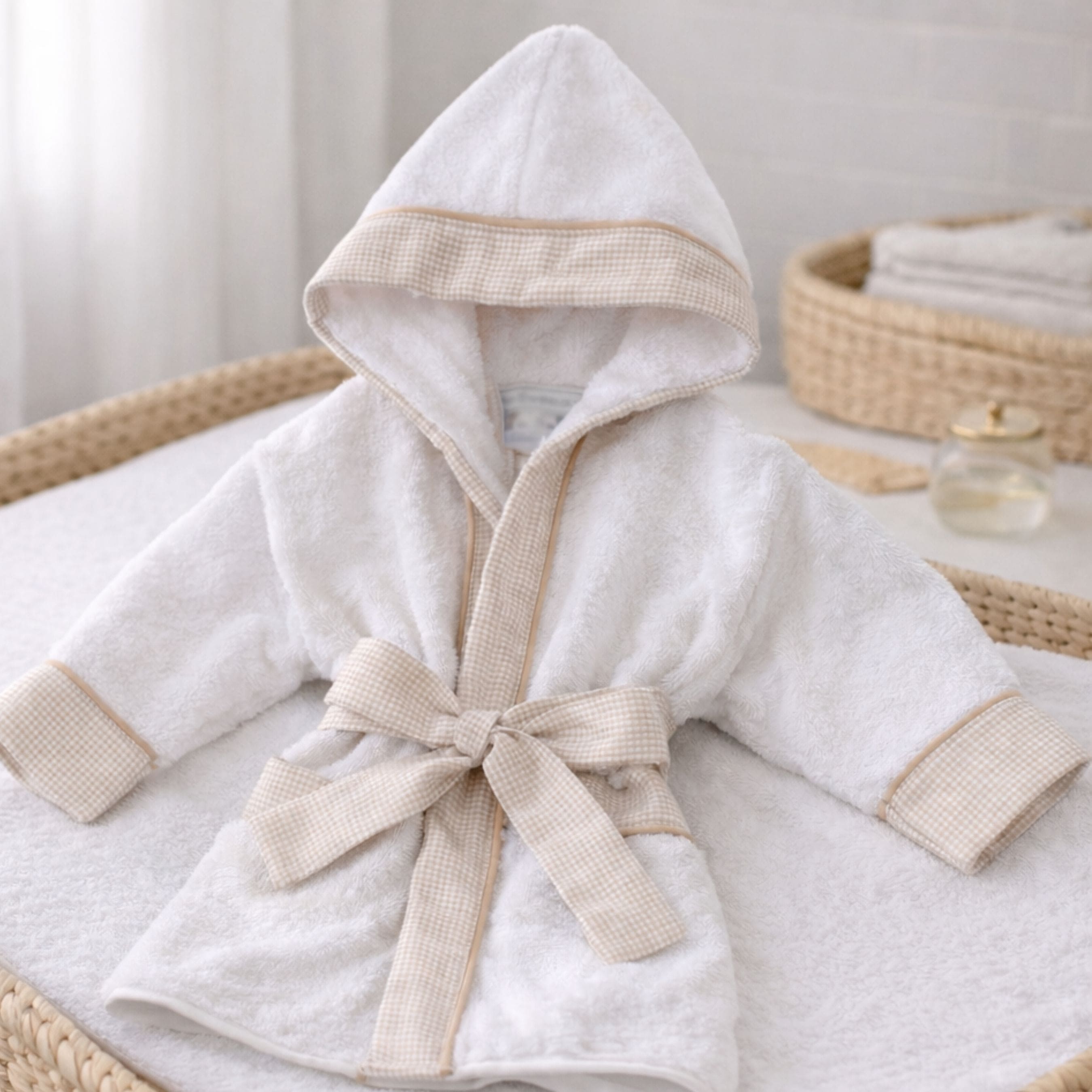 LUCAS | Boys White & Beige Gingham Personalised Bathrobe