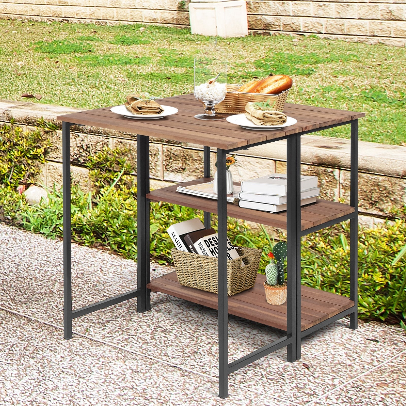 Acacia Wood Patio Folding Dining Table Storage Shelves