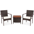 3 Pieces Patio Rattan Furniture Bistro Set with Wood Side Table and Stackable Chair