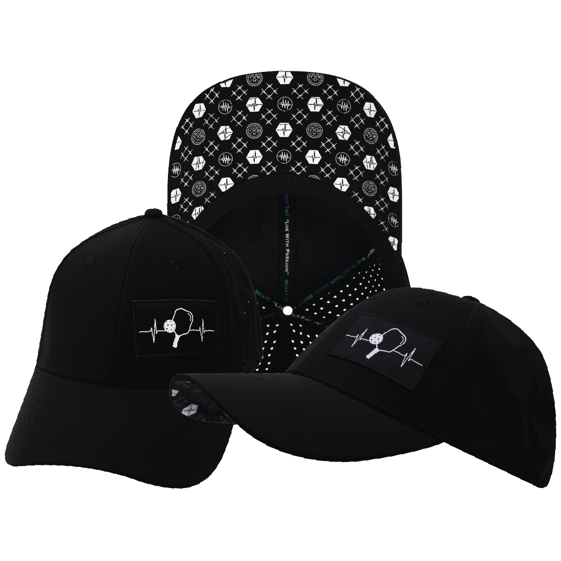 Pickleball Hat - Low Profile - Ponytail - Black - Laser Mesh