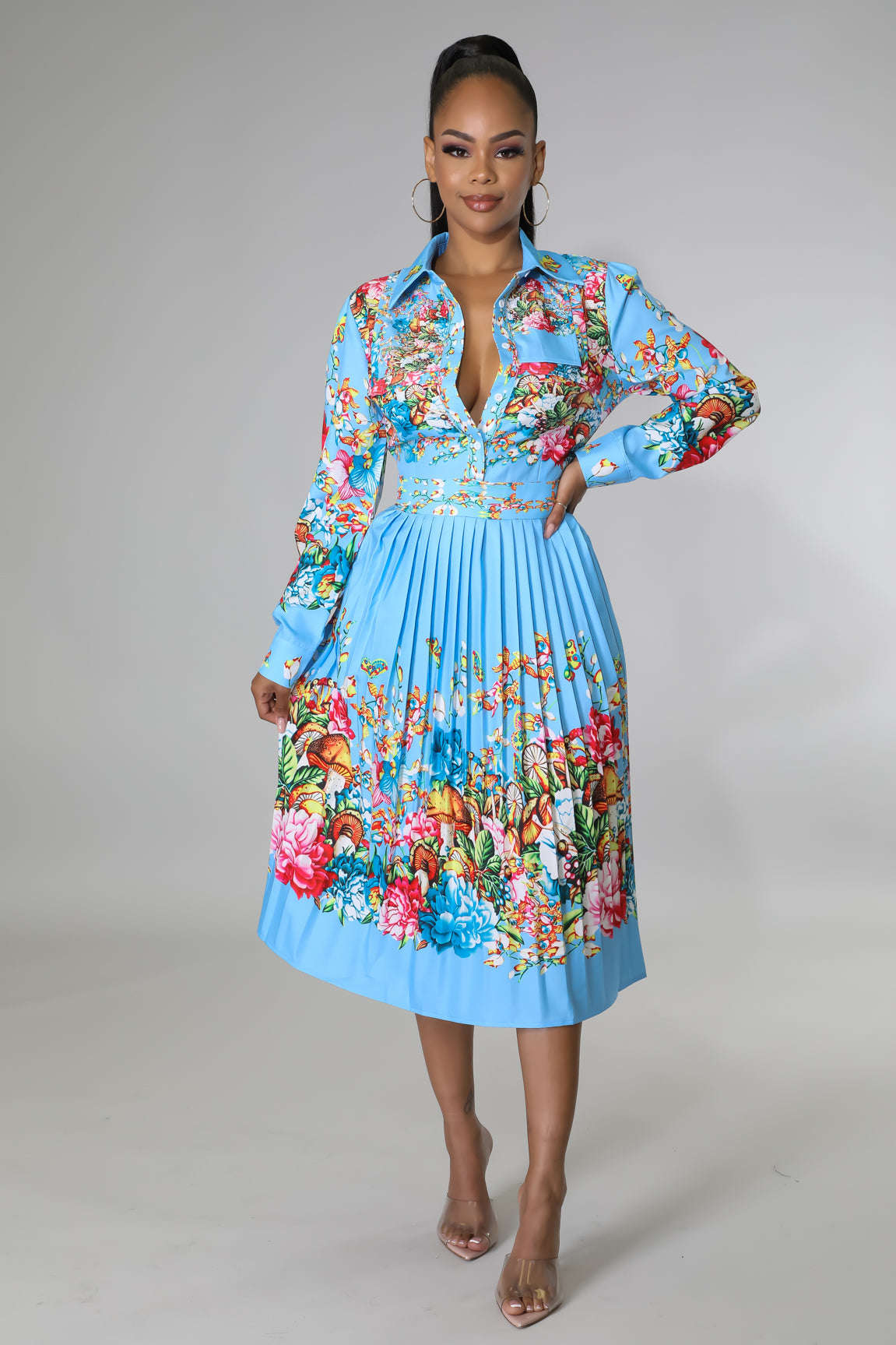 Pleated Print Long Sleeve Mid-Calf Lapel Standard-Waist Pullover Dress