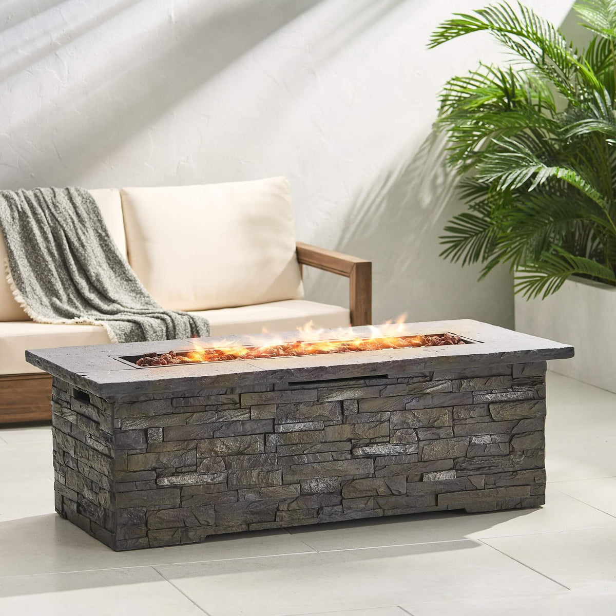 56-Inch Outdoor Rectangular Concrete Propane Fire Pit W/ Faux Stone Pattern, 50K BTU (SAK31845)