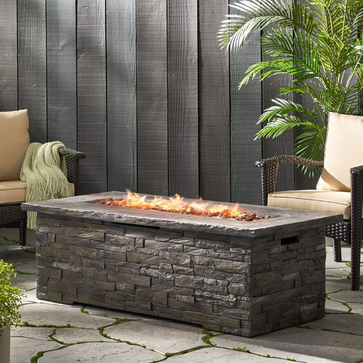 56-Inch Outdoor Rectangular Concrete Propane Fire Pit W/ Faux Stone Pattern, 50K BTU (SAK31845)