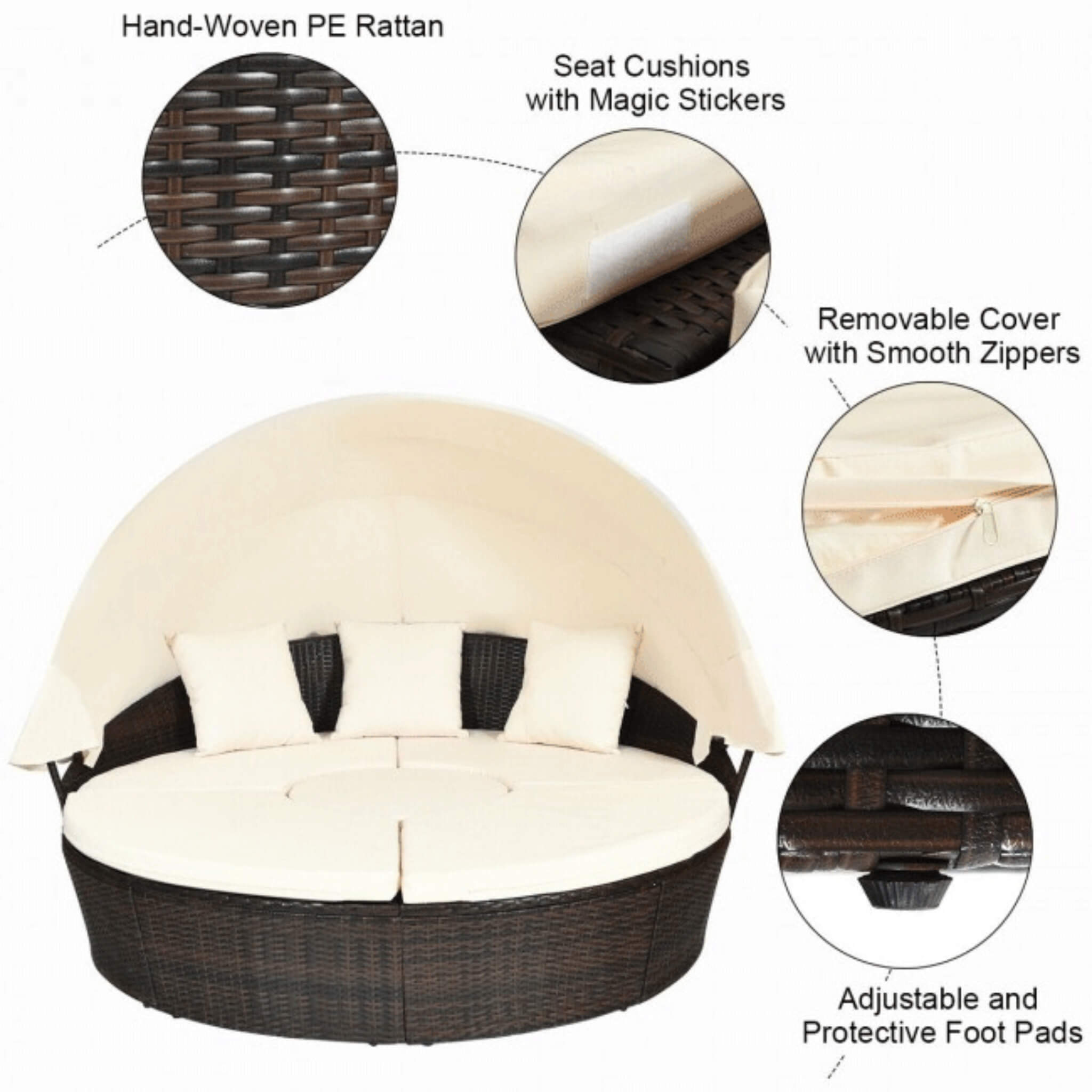 Alora Premium 76-Inch Round Outdoor Patio Rattan Daybed W/ Canopy & Table (SAK96418)