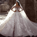 Luxury Bead Lace Wedding Gown with 3D Floral Design
